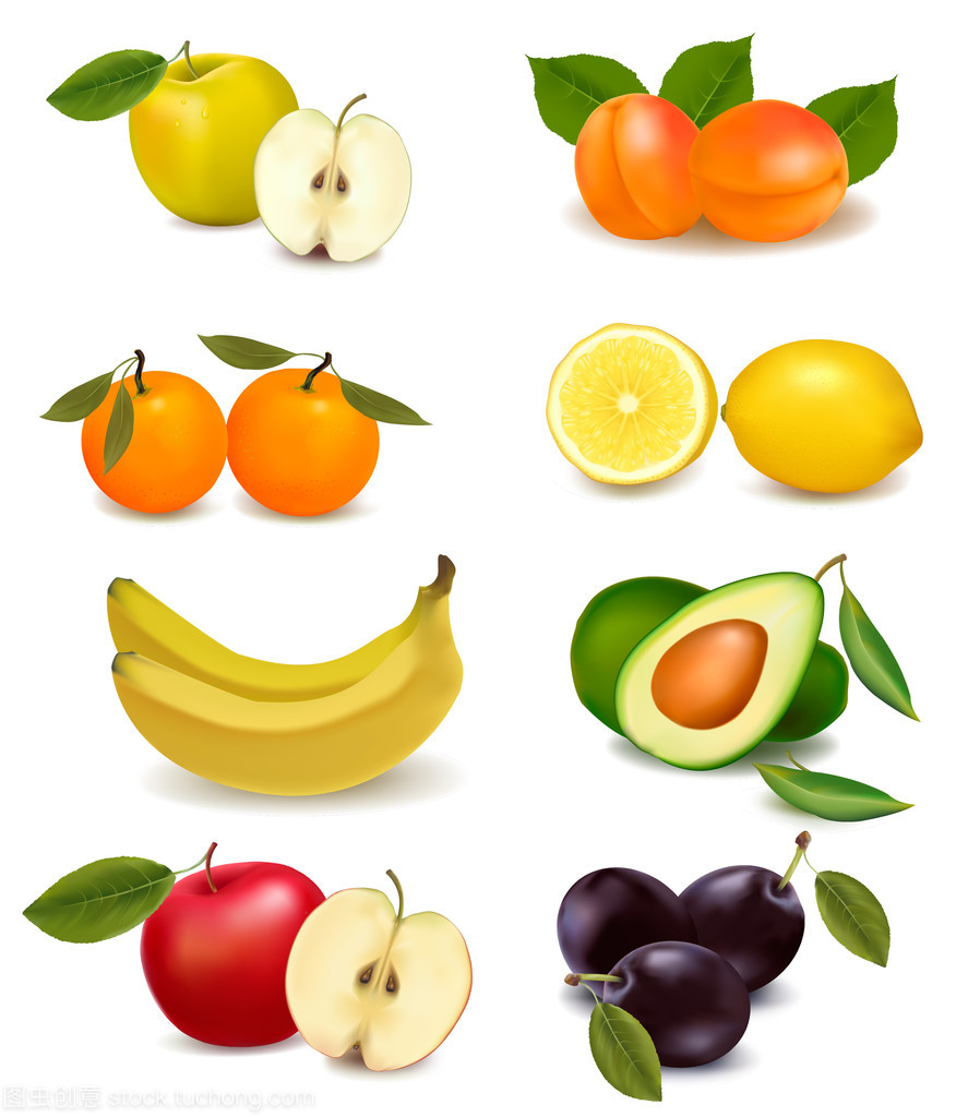 组与不同种类的水果。矢量