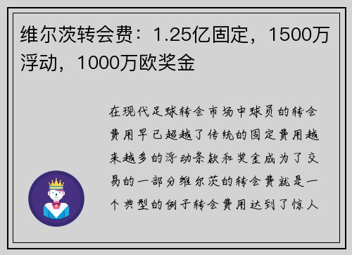 维尔茨转会费：1.25亿固定，1500万浮动，1000万欧奖金